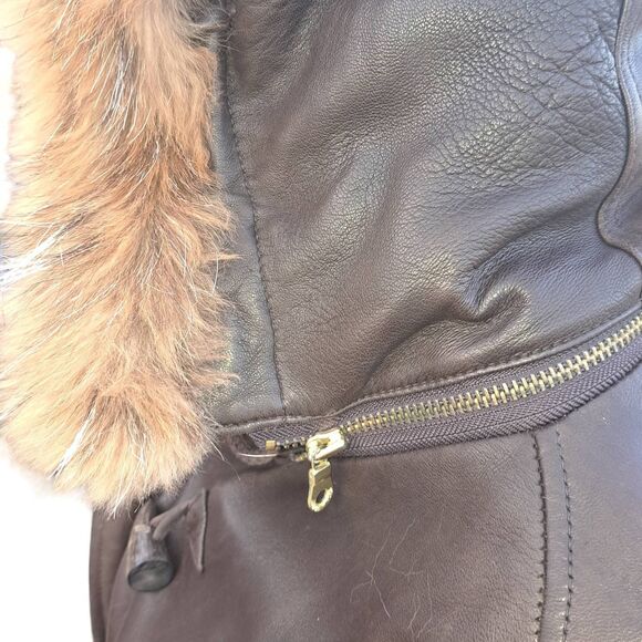 Andrew Marc Brown Leather Jacket with Fur Hood - Picture 6 of 13